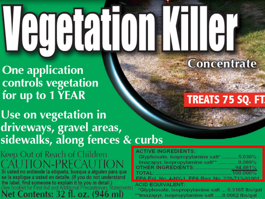 Herbicide label highlighting active ingredients glyphosate and imazapyr