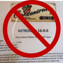 Label of a 16-0-0 high-nitrogen fertilizer with red "don't" circle superimposed