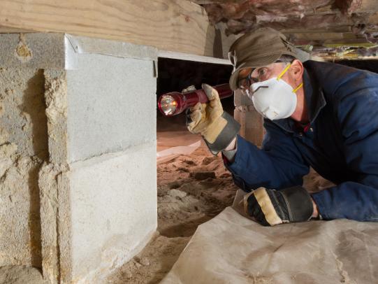 Worker inspecting building crawl space