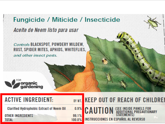 Example label with active ingredient neem oil