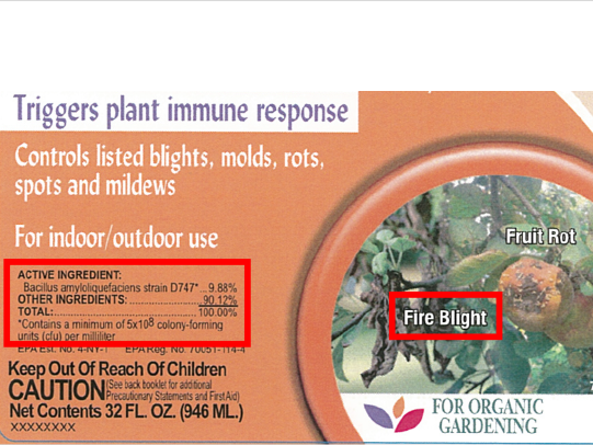 Example product label with active ingredient Bacillus amyloliquifaciens strain D747