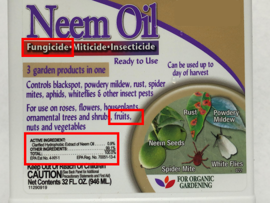 Example product label with active ingredient neem oil