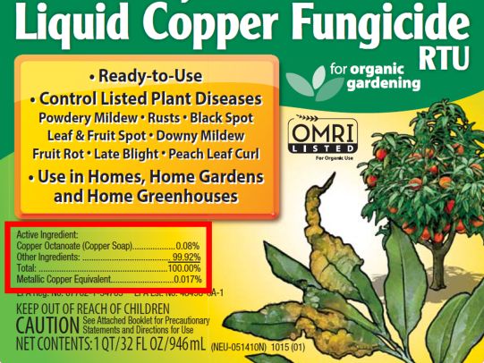 Example label highlighting active ingredient Copper octanoate