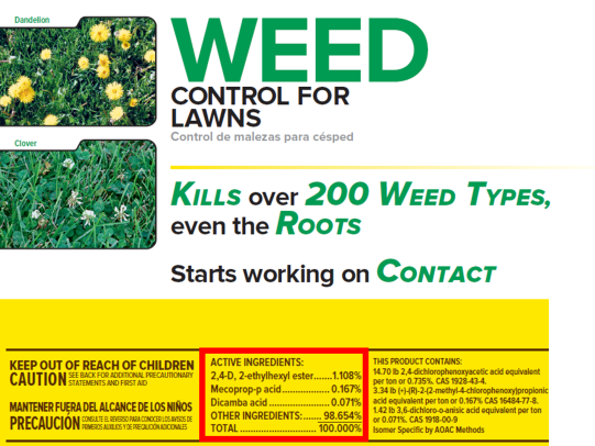 Example herbicide label highlighting active ingredients 2,4-D, mecoprop-p, dicamba