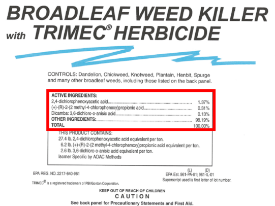 Example herbicide label highlighting active ingredients 2,4-D and Dicamba