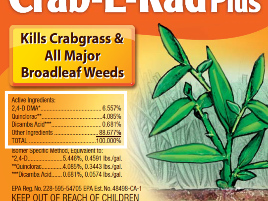 Herbicide label highlighting active ingredients 2,4-D+ quinclorac + dicamba 2,4-D