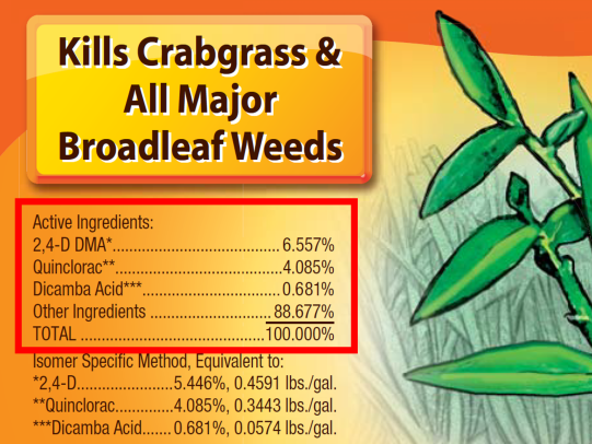 Photo of herbicide label highlighting active ingredient 2,4-D