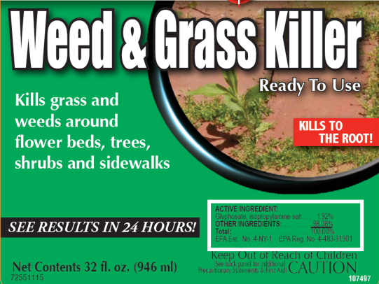 Photo of herbicide label highlighting active ingredient glyphosate