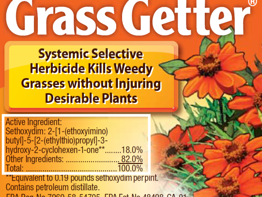 Example herbicide label highlighting active ingredient sethoxydim