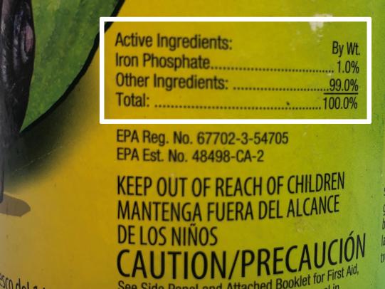 Example product label with active ingredient iron phosphate