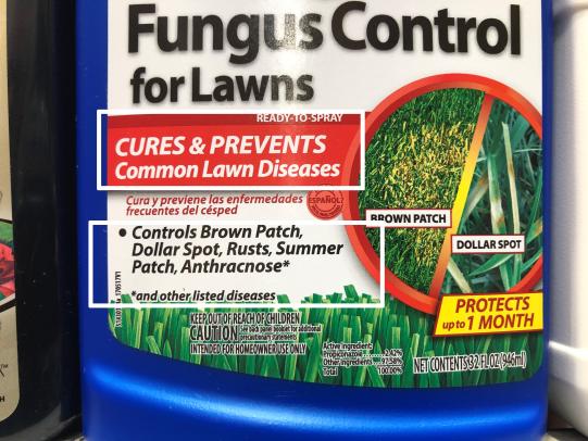White boxes highlighting lawn diseases on fungicide products