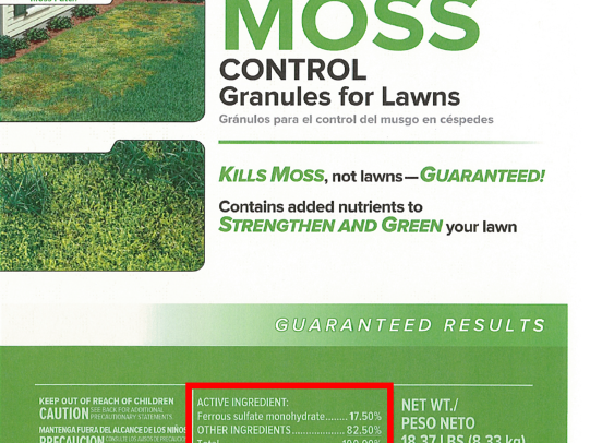 Example moss killer label highlighting active ingredient ferrous sulfate monohydrate