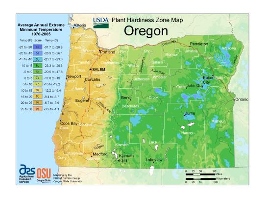 USDA Plant Hardiness Zone Map for Oregon