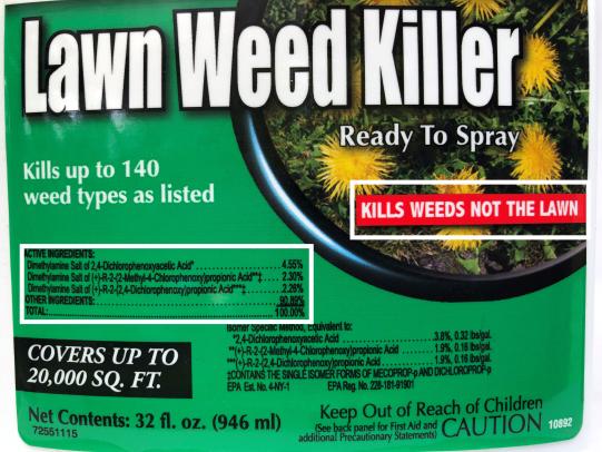 Photo of herbicide label highlighting several active ingredients, including 2,4-D