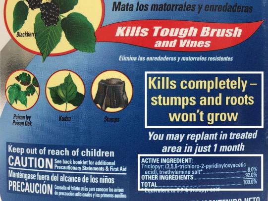 Photo of herbicide label that highlights active ingredient triclopyr