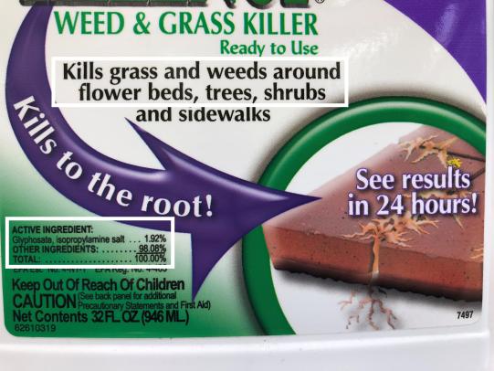 Photo of herbicide label with box highlighting active ingredient glyphosate