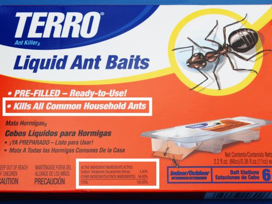 Ant bait package with active ingredient borax
