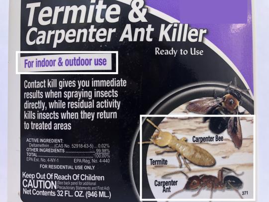 Photo of insecticide label that highlights interior and exterior use