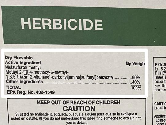 Product lable highlighting active ingredient metsulfuron