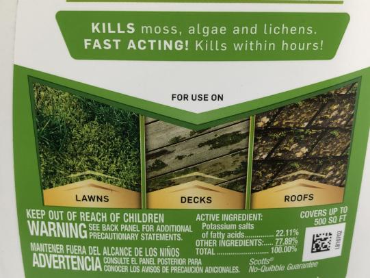 Mossicide product for use on lawns, decks & roofs