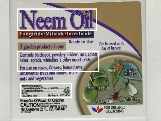 Example product label with active ingredient neem oil