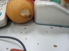 Fruta en el mostrador con roedores mordisqueando y desordenando
